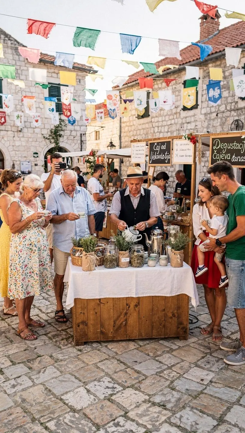 Sastojci tradicionalnog hrvatskog čaja rasprostranjeni na bijelom stolu.